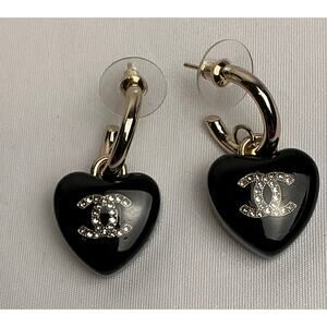 Chanel Black & Gold Resin Rhinestone Heart Earrings